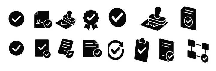 Leinwandbilder - Collection of black web icons featuring checkmarks, stamps, and documents designed for digital applications and user interfaces