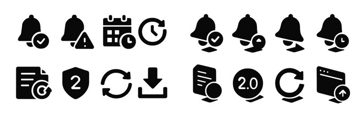 Leinwandbilder - Collection of black web icons depicting notifications, scheduling, and security symbols for digital platforms