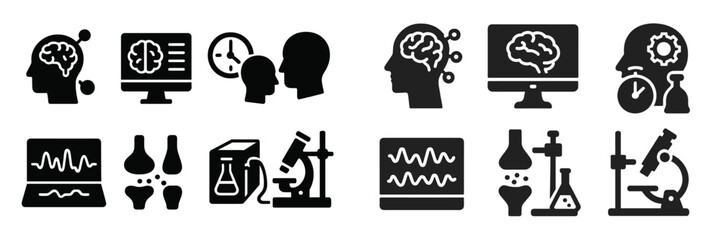 Poster - Collection of black web icons representing science, technology, and research concepts for digital use