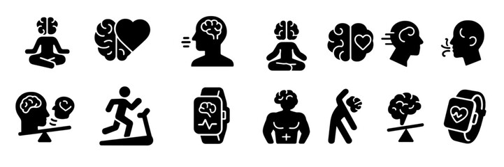 Poster - Collection of web icons showcasing mental health, fitness, and mindfulness themes for digital applications