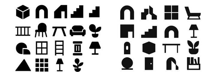 Aufkleber - Collection of minimalist web icons representing furniture, architectural elements, and plants for design projects