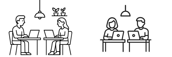 Poster - Collaboration between individuals using laptops for work or study in a minimalistic workspace setting