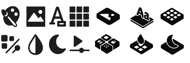 Fototapete - Collection of web icons depicting tools for design, development, media, and layout customization with various symbols and shapes