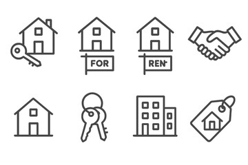 Poster - Collection of web icons representing real estate, rental properties, and lease agreements in a minimalist design style