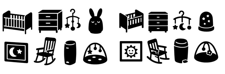 Poster - Collection of black and white web icons featuring nursery furniture and toys for child care and decoration