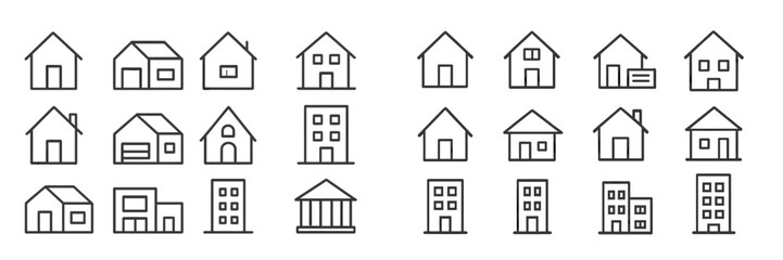 Poster - Collection of minimalist web icons representing various house and building designs suitable for digital projects