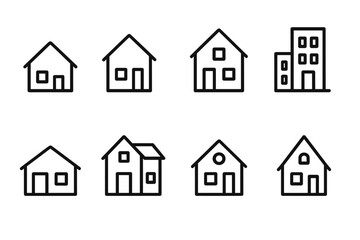 Fototapete - Collection of simple black and white web icons depicting various house designs and structures for digital use