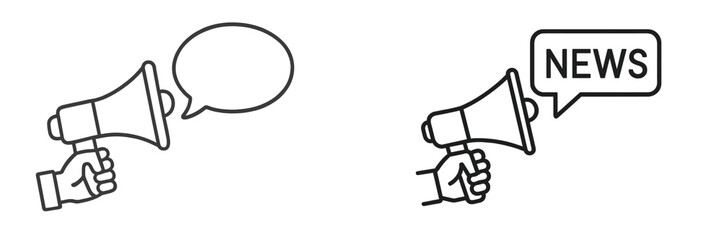 Aufkleber - Set of web icons featuring megaphones with speech bubbles and news text for digital communication and social media use