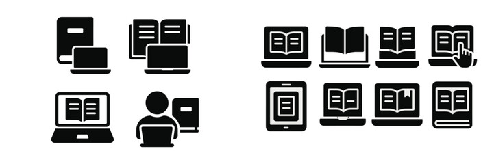 Poster - Collection of black web icons representing books, reading devices, and digital learning tools in a simple design
