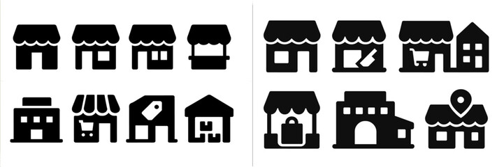 Poster - Collection of web icons featuring shops, stalls, and homes in a minimalist design for digital use