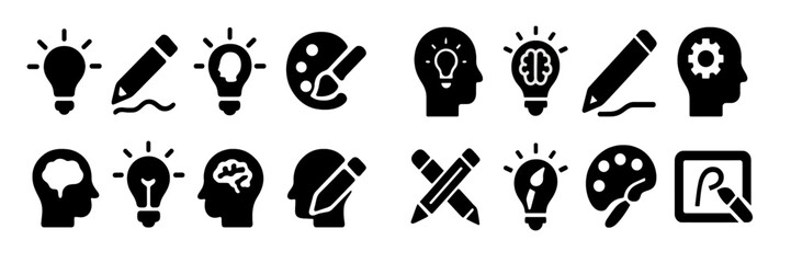 Poster - Collection of creative web icons featuring light bulbs, heads, and artistic tools for digital projects and designs