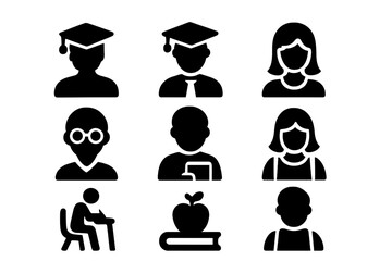 Poster - Diverse set of web icons representing education, students, and teachers in various roles and activities in a learning environment