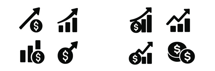 Aufkleber - Collection of black and white web icons illustrating financial growth trends and metrics in a simple graphic style