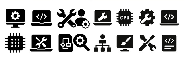 Aufkleber - Collection of web icons depicting coding, tools, and computer components for digital projects and development