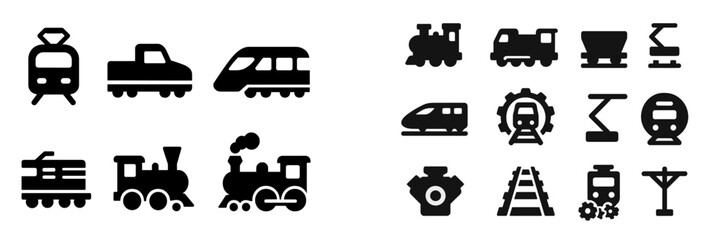 Poster - Collection of web icons depicting various types of trains and rail transport elements for digital design use