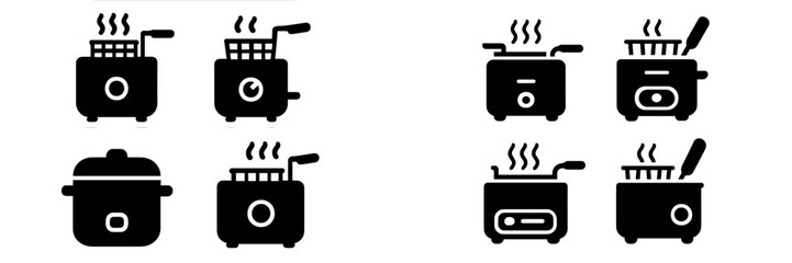 Poster - Collection of black web icons representing various kitchen appliances such as fryers, steamers, and cooking pots in minimalist design