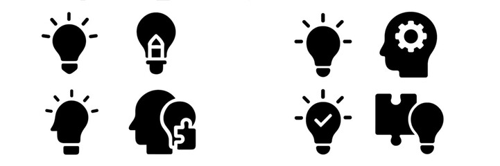 Fototapete - Collection of web icons featuring light bulbs, heads, and gears illustrating ideas and creative thinking in digital design