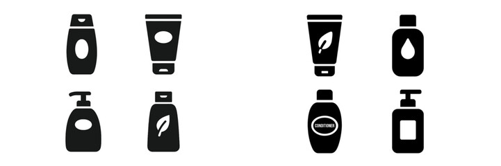 Poster - Collection of black and white web icons featuring different types of personal care product containers and bottles