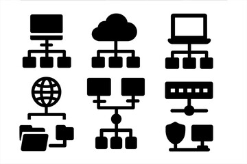 Fototapete - Collection of web icons depicting various network and computer elements in a minimalistic style