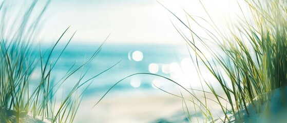 Poster - Serene Beach Scene with Grass and Sparkling Ocean Water Close Up Shot Coastal Landscape