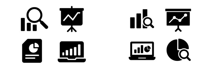 Leinwandbilder - Collection of black web icons representing data analysis, charts, and presentations for digital use