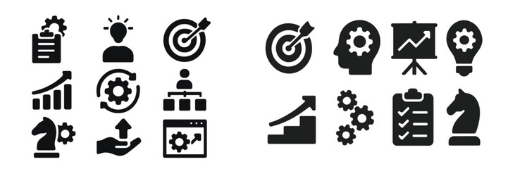 Poster - Collection of web icons illustrating business growth, planning, and problem-solving concepts with various symbols and designs