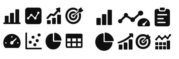 Poster - Collection of black web icons depicting data visualization, analytics, and performance metrics suitable for various digital applications