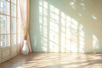 Poster - Bright empty room interior with window light on wall and vase with dried flowers in corner of the room