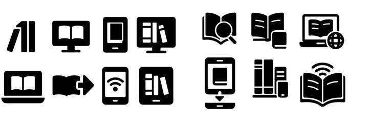 Poster - Web icons representing digital and traditional reading materials, showcasing various formats and devices used for books and learning