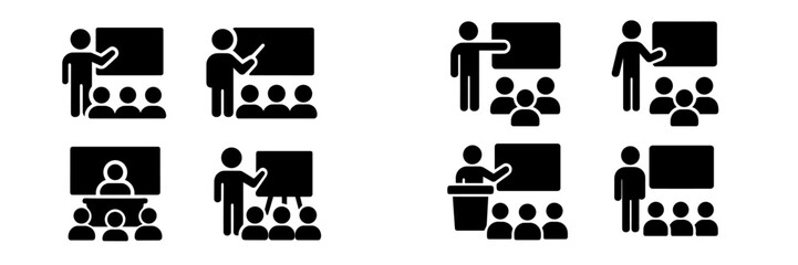 Fototapete - Set of web icons depicting teaching and presentation activities in various classroom scenarios across different angles and interactions