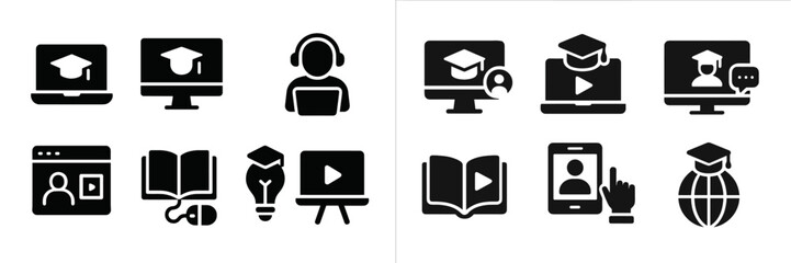 Aufkleber - Collection of black web icons illustrating online education, remote learning, and digital interaction tools for students and educators