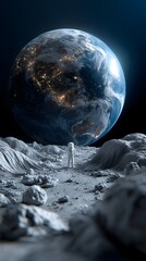 Poster - Man walking on the moon with earthrise in the background creating a cosmic experience