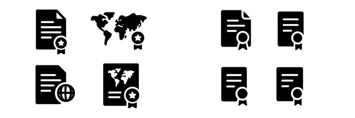 Fototapete - Collection of diverse web icons featuring documents, certificates, and global maps for online use