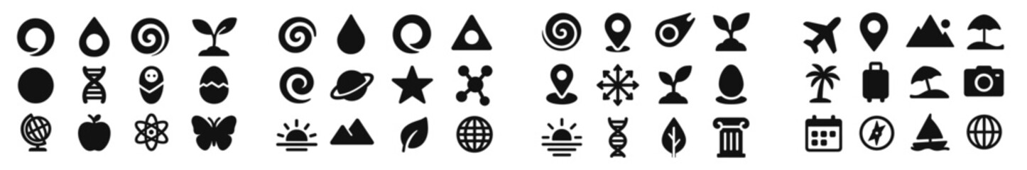 Aufkleber - Collection of black web icons depicting various themes including nature, travel, and technology