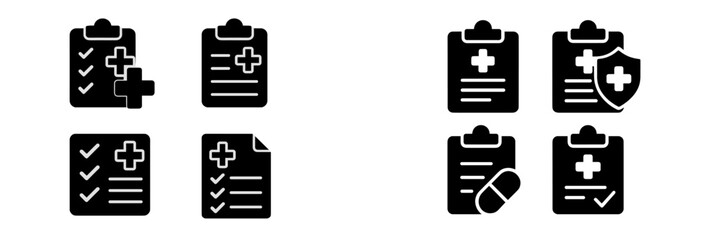 Leinwandbilder - Set of black web icons illustrating health and medical checklists for digital applications and user interfaces