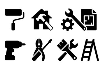 Poster - Set of black web icons representing tools and home improvement activities for construction and repair projects