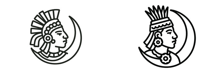 Poster - Set of black and white web icons depicting ancient warriors with distinct feathered headdresses and crescent moon designs