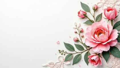 Delicate floral lace, intricate weave, white background, shadow, aesthetic, decoration