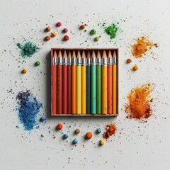 Poster - A colorful collection of art supplies including oil pastels crayons and pencils arranged in a box on a white background with smudged fingerprints and splattered paint nearby