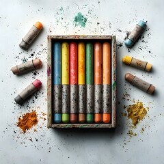Poster - A still life arrangement of a variety of colorful oil pastels in a wooden box surrounded by splatters and smudges from an creative process set against a plain white background