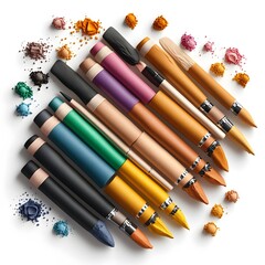 Poster - A collection of diverse painting and drawing implements including brushes pencils and markers arranged in a vibrant color palette on a clean white background