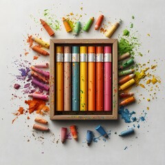 Poster - An assortment of colorful pastel crayons chalk and other art materials neatly arranged in a wooden box against a white background