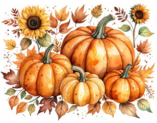 Poster - A still life composition featuring pumpkins and sunflowers against a clean white backdrop