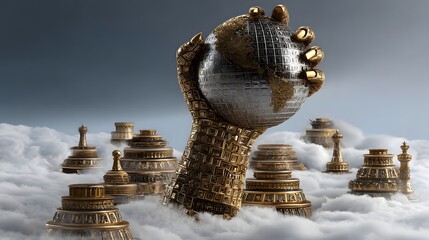 Poster - Striking vision of a giant silver ball suspended in the clouds against a grand horizon