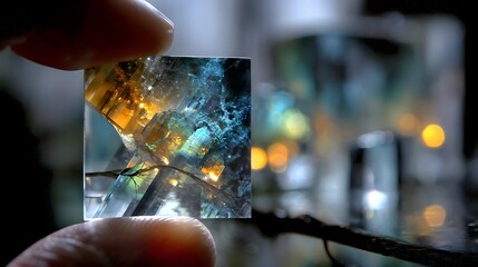 Poster - A person holding a beautiful piece of glass in their hand against a stunning natural backdrop