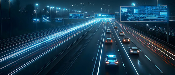 Poster - Futuristic Night Highway With Glowing Lights And Digital Screens