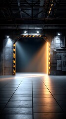 Poster - Dark room featuring bright light coming from the ceiling casting shadows across the space