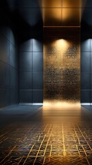 Poster - Stylish room showcasing a wall of gold with intricate patterns and modern interior decor