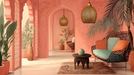 Poster - Cozy turkish-style room interior featuring a stylish chair and table for relaxation moments
