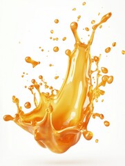 Poster - Orange Juice Splashing in Mid-Air, Isolated on White Background, Studio Shot, Liquid Motion, Refreshing Drink
